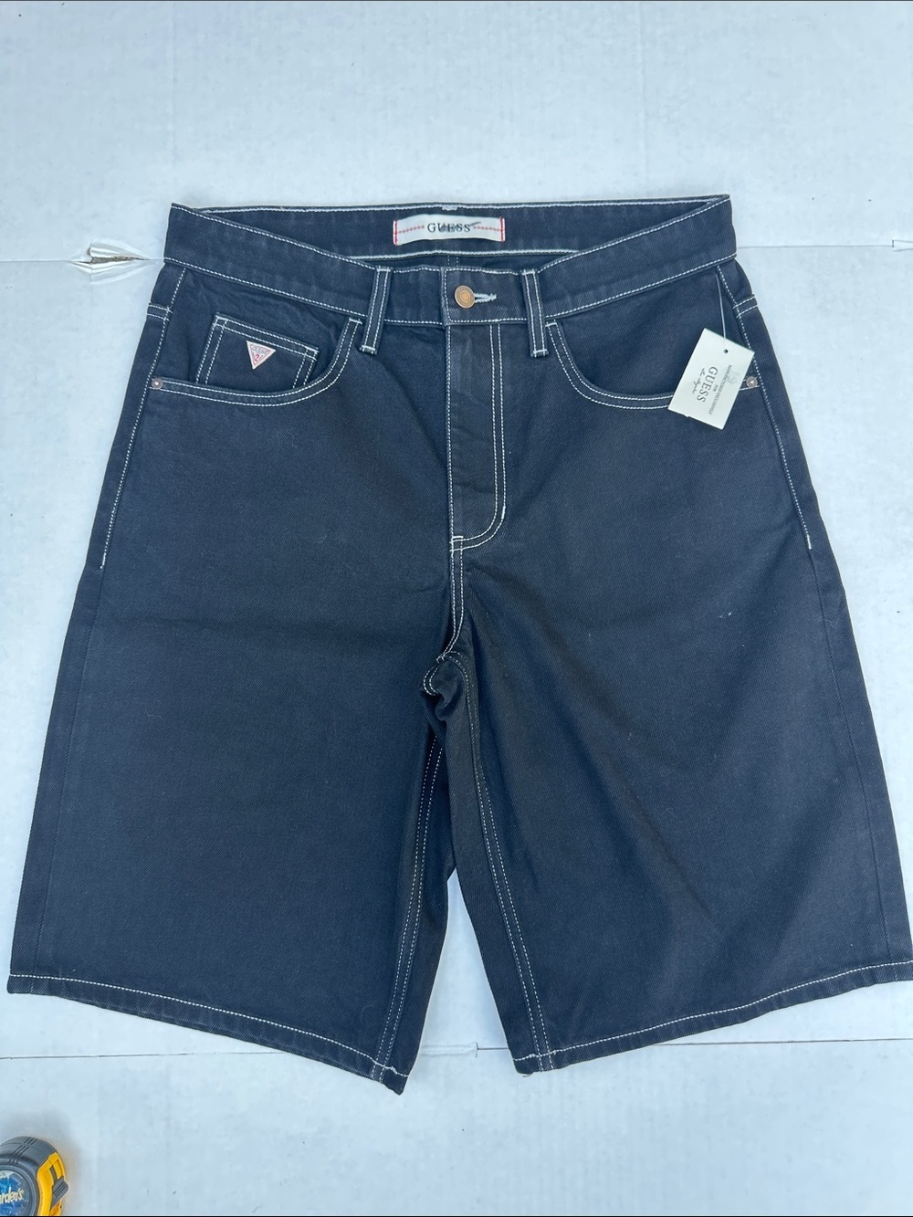 New GUESS Men's Black Denim Jean Shorts with Contrast Stitching SZ 32